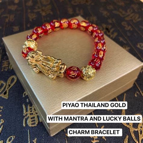 Piyao Thailand Gold Plated W Black Mantra Bracelet 10 Mm Stone