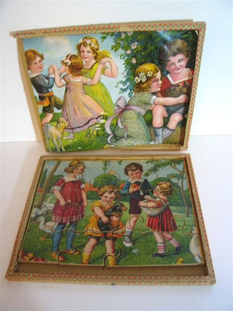 Antique Jigsaw Puzzle Wooden Vintage Edwardian Chromolith Two Sided