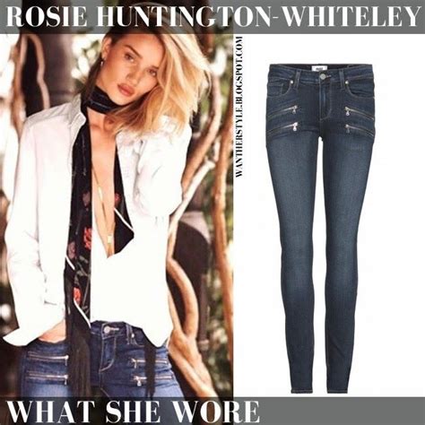 Rosie Huntington Whiteley In White Shirt And Blue Zipper Denim Jeans