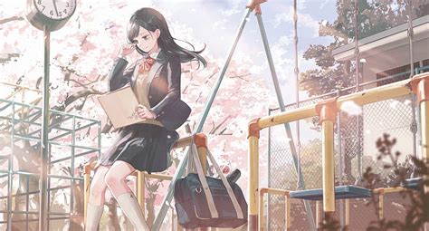Cute Anime School Girl Sakura Blossom Park School Uniform Teary