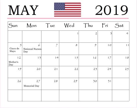 May 2019 Usa Holidays Calendar
