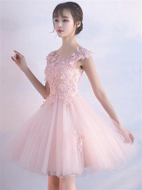 A Line Round Neck Short Pink Lace Prom Dresses Pink Lace Formal
