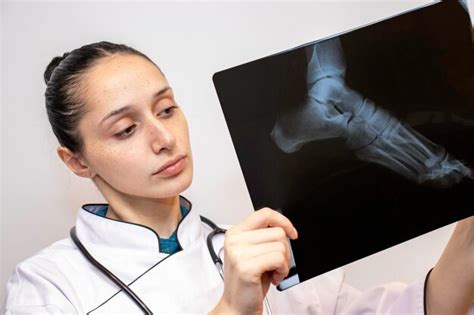 Joven médica mirando una radiografía de un tobillo con espolón calcáreo