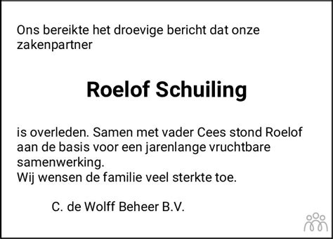 Roelof Schuiling Overlijdensbericht En Condoleances