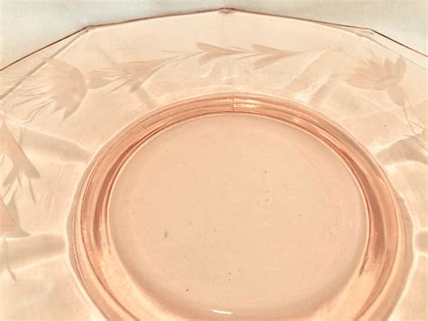 Vintage Blush Pink Depression Glass Cake Serving Plate With Etched Floral Design