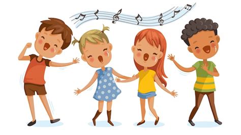 Niños Cantando Niños Y Niñas Cantando Juntos Alegremente Vector Premium