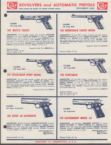 Colt Revolvers And Automatic Pistols Retail Price List Folder 12 1956