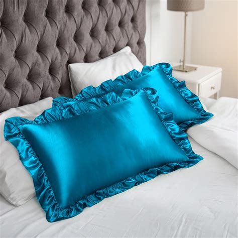 piccocasa 2pcs satin ruffled pillowcase silk pillow shams oxford pillowcases peacock blue