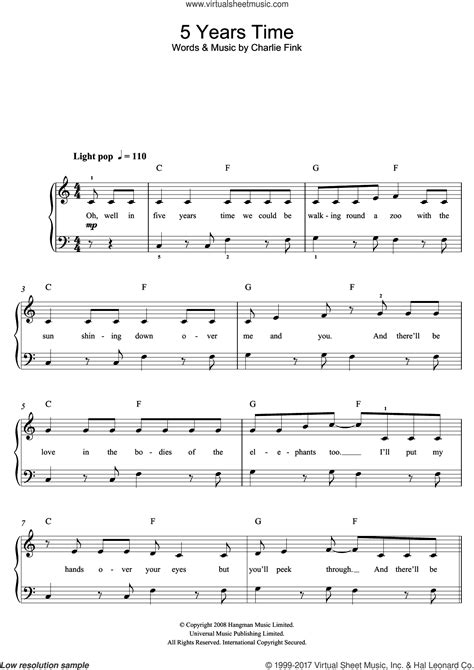 They were offering free sheet music when we visited, please let us know if that has changed. Whale - 5 Years Time sheet music for piano solo (beginners) PDF