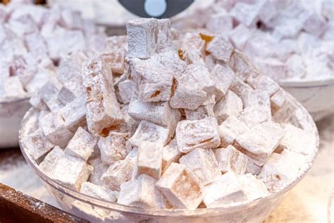 Close Up Of Turkish Delight Sweet Treat With Powdered Sugar At Mahane