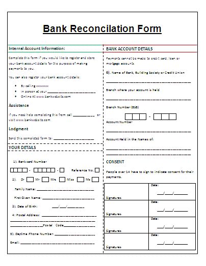 Printable Bank Reconciliation Form Free Word Templates