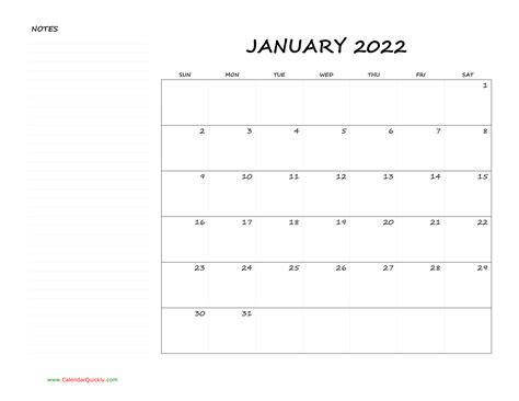 Monthly Blank Calendar 2022 With Notes Calendar Quickly