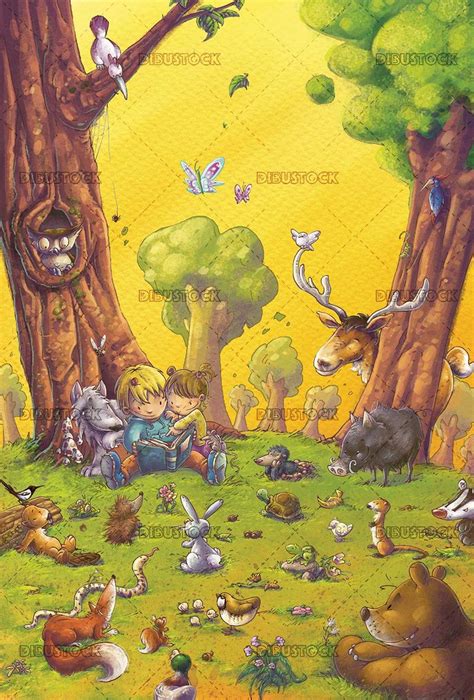 Children reading a book in the forest surrounded by animals | Animales
