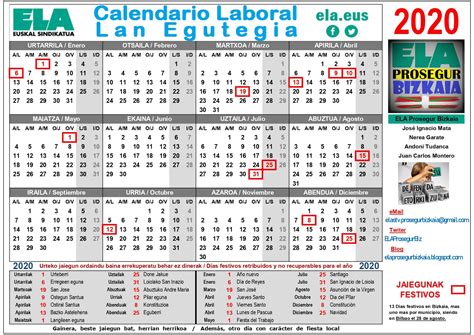 Calendario para imprimir en alta resolución en pdf, jpg y excel. ELA Prosegur Bizkaia: Calendadrio laboral Bizkaia 2020