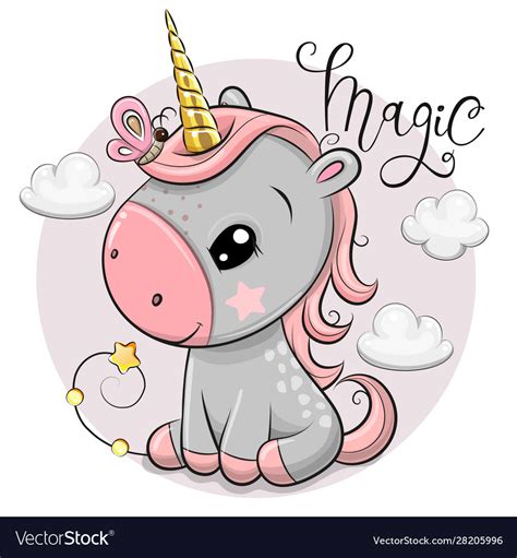 Cartoon Unicorn With Gold Horn And Clouds Vector Image