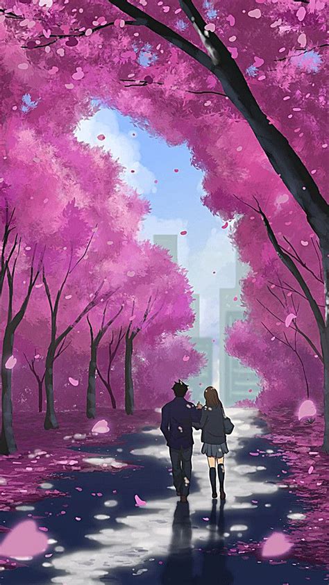 Couple Under The Cherry Blossom Background Illustration H5 Anime