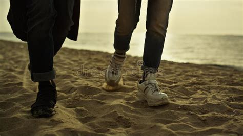 People Legs Walking Sand Beach At Sunset Sea Vacation Couple Stepping