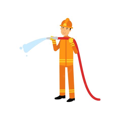 Premium Vector Fireman In Uniform And Protective Helmet Holding Hose Extinguishing Fire With