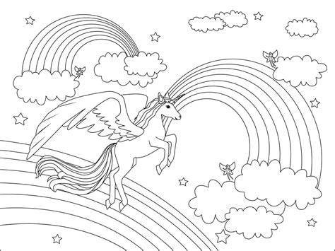 Unicornio con Tres Arcoíris y Nubes para colorear imprimir e dibujar