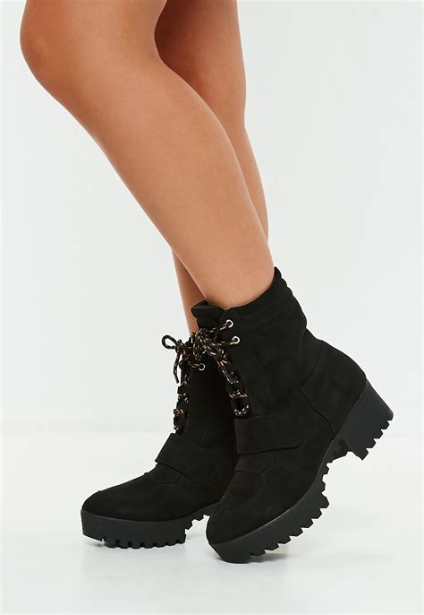 Missguided Black Faux Suede Hiking Flat Strap Ankle Boots Lyst