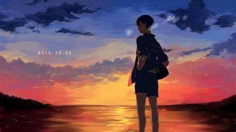 Haikyu Tobio Kageyama Standing Near Water With Background Of Sunset Hd