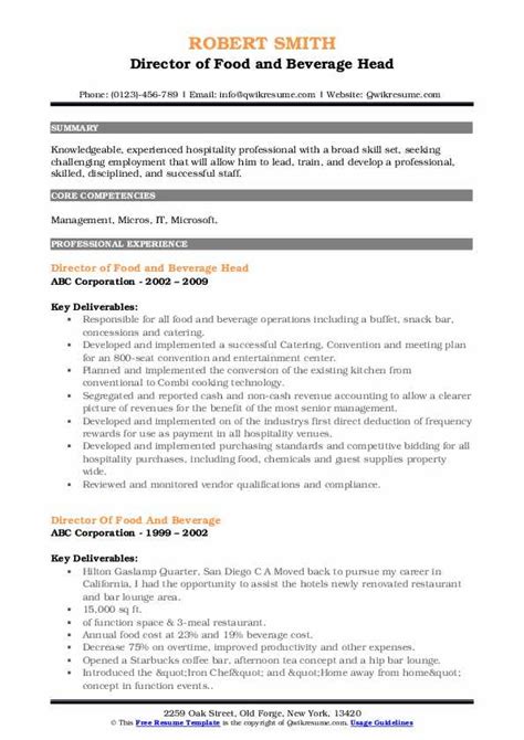 Job descriptions, objectives, and skill samples to help you out. Director Of Food And Beverage Resume Samples | QwikResume