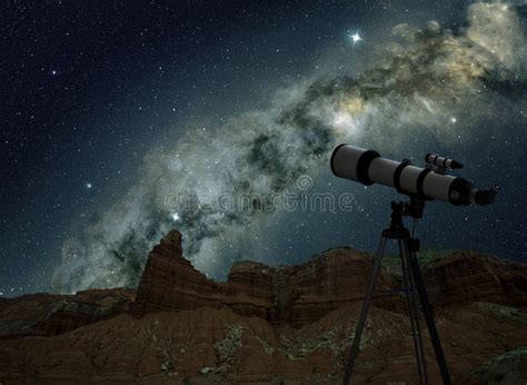 Telescope Watching The Milky Way Galaxy On Night Sky Stock Image
