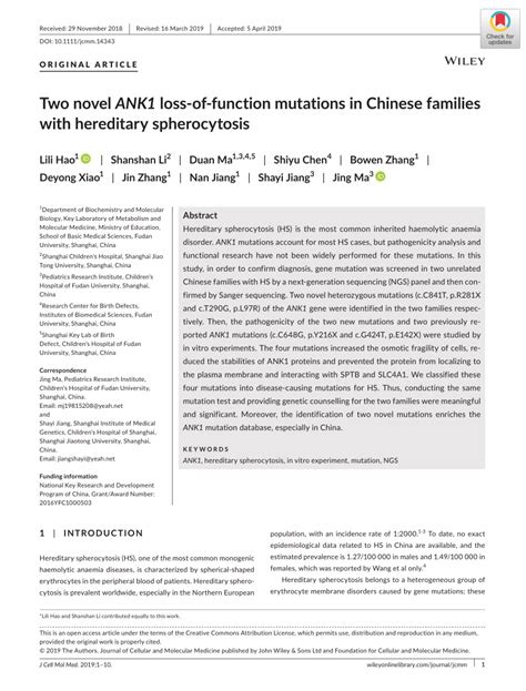 Pdf Two Novel Ank1 Loss‐of‐function Mutations In Chinese Families