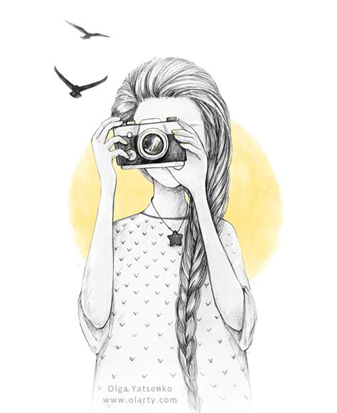 Girl With Vintage Camera Drawing Illustrations Cute