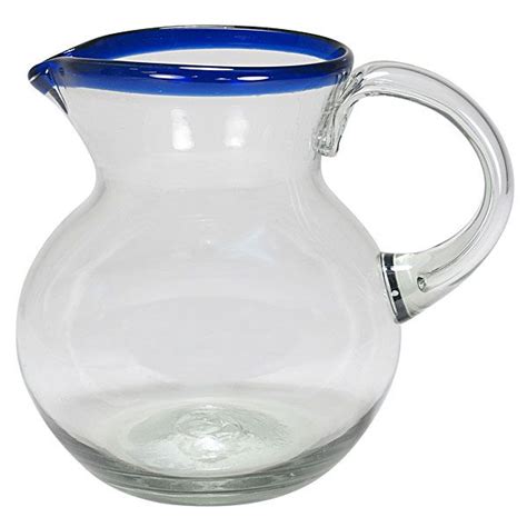 Blue Rimmed Hand Blown Mexican Glass Pitcher Mexican Glassware