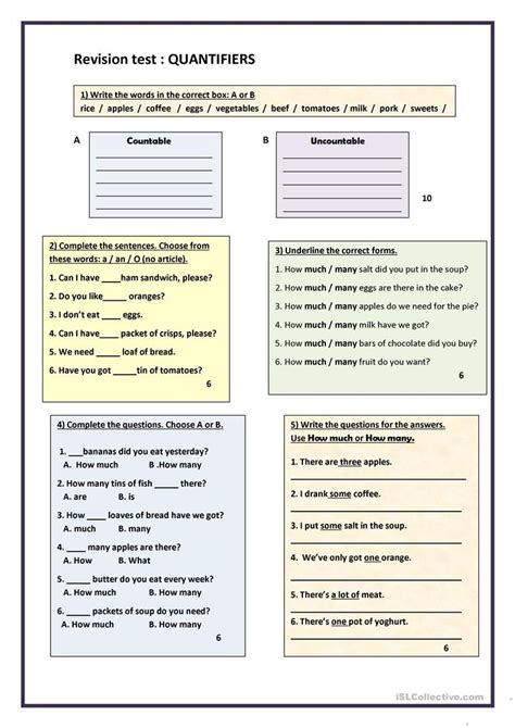 Revision Test Quantifiers Revision Test Printable Worksheets