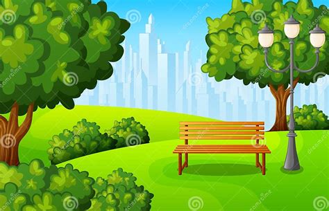 City Park Bench With Green Tree And Town Buildings Stock Vector