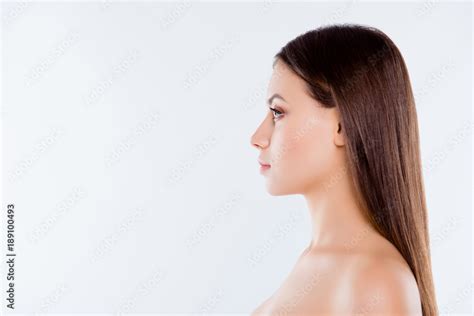 Side Profile Close Up View Portrait Of Pretty Beautiful Brown Haired Brunette Woman With Pure