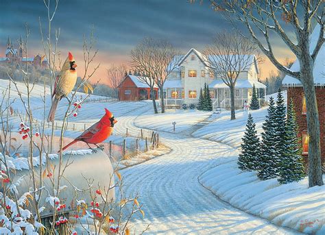 Country Cardinals Sunset Sky Trees Winter Barn Cottage Birds