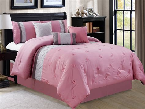 7 P Floral Embroidery Pleated Diamond Stripe Comforter Set Pink Gray Silver King 642709899235 Ebay