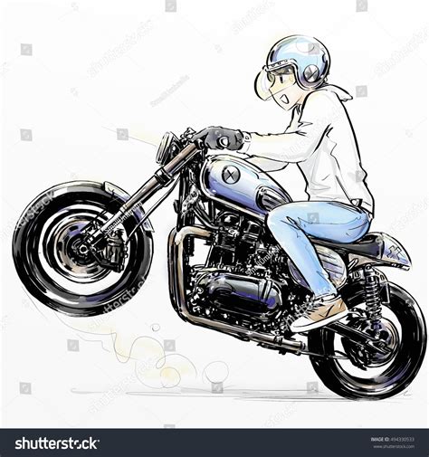 Boy Riding Motorcycle Sketch Hand Drawing ภาพประกอบสต็อก 494330533