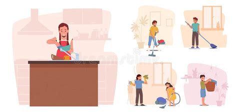 Set Of Children Characters Housework Duties Boy And Girls Washing