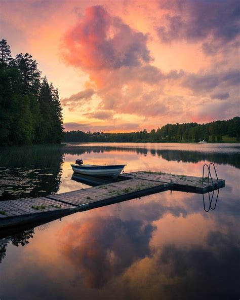 Cloud Reflection A Beautiful Swedish Summer Evening Landscape