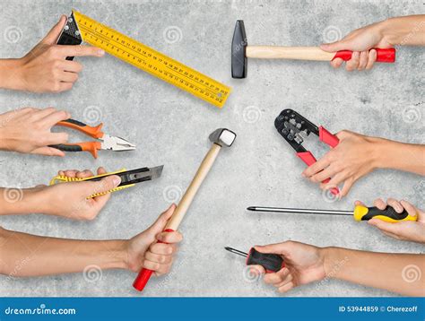 Set Of Peoples Hands Holding Tools Stock Image Image Of Ruler