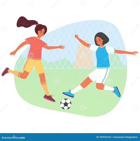 Teenage Girls Playing Soccer With A Ball Vector Stock Illustration