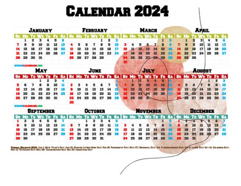 Printable Yearly Calendar With Holidays Watercolor Premium In Calendar Template