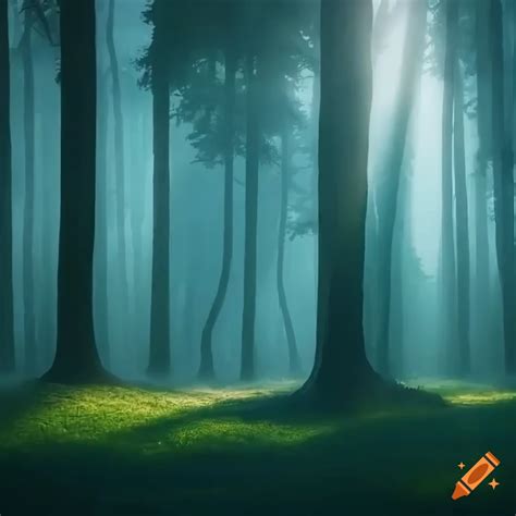 A Tranquil Forest Scene With Tall Majestic Trees Enveloped In A