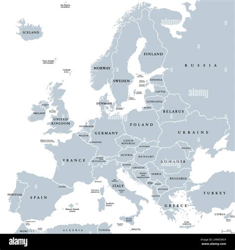 Europe Gray Political Map Continent And Part Of Eurasia Located In