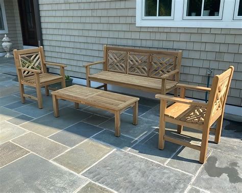 Teak Patio Conversation Set Chippendale Bench Chairs And Coffee Table