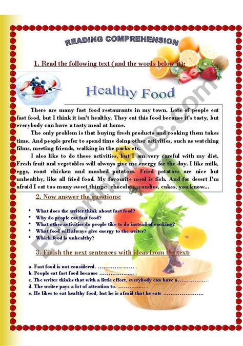 There is more to healthy eating than simply stocking up your fridge with good foods. It´s a reading comprehension activity about bad and good ...