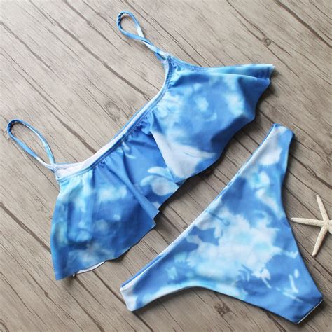 2018 New Women Tie Dye Ruffle Bikini Set Sexy Spaghetti Straps Beach Swimwear Women Swimsuit
