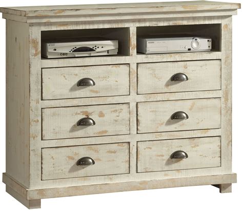 Shop suites in luxurious pearl with a panel bed as the centerpiece, or select a casual ivory platform design. Willow Distressed White Media Chest from Progressive ...