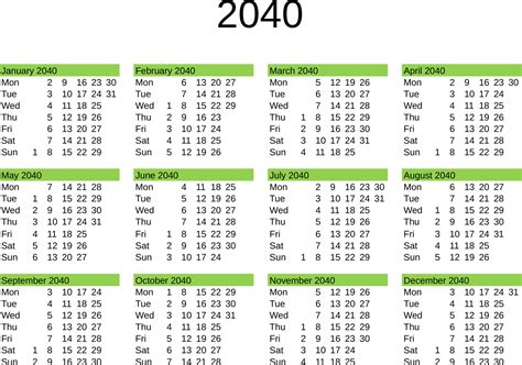 Year 2040 Calendar In English 22819445 Vector Art At Vecteezy