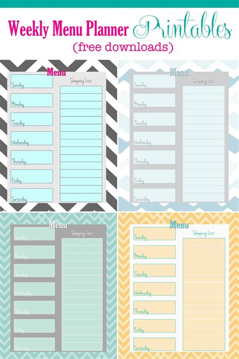 free weekly menu planner printable 4 colors cupcake diaries
