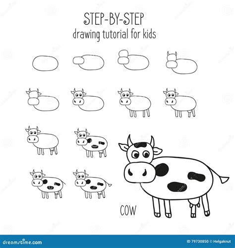 Cow Step By Step Drawing Tutorial For Kids Stock Illustration